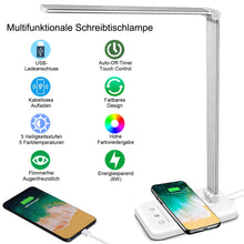 Lade das Bild in den Galerie-Viewer, Multifunktionale Schreibtischlampe mit kabellosem Ladegerät, USB-Ladeanschluss, Auto-Off-Timer, 5 Farben 5 Helligkeitsstufen Dimmbar, Desk Lamp
