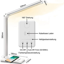 Lade das Bild in den Galerie-Viewer, Multifunktionale Schreibtischlampe mit kabellosem Ladegerät, USB-Ladeanschluss, Auto-Off-Timer, 5 Farben 5 Helligkeitsstufen Dimmbar, Desk Lamp