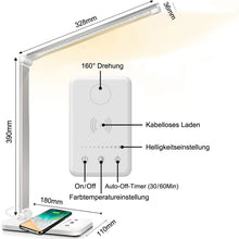 Lade das Bild in den Galerie-Viewer, Multifunktionale Schreibtischlampe mit kabellosem Ladegerät, USB-Ladeanschluss, Auto-Off-Timer, 5 Farben 5 Helligkeitsstufen Dimmbar, Desk Lamp