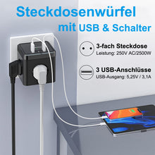 Lade das Bild in den Galerie-Viewer, Mehrfachsteckdose Steckdosenwürfel mit 3 USB & Schalter, 3 Fach Steckdosenadapter, Steckdosenleiste, Multiple Socket
