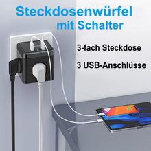 Lade das Bild in den Galerie-Viewer, Mehrfachsteckdose Steckdosenwürfel Steckdosenleiste mit 3 USB Ladegerät Anschluss 6-in-1 Multiple Socket 3 Fach Steckdosen