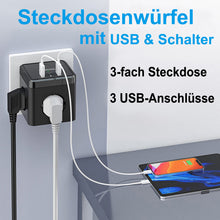 Lade das Bild in den Galerie-Viewer, Steckdosenwürfel Mehrfachsteckdose mit 3 USB & Schalter 3 Fach Steckdosenadapter Steckdosenleiste/Multiple Socket
