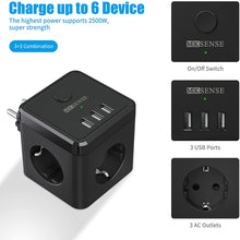 Lade das Bild in den Galerie-Viewer, 6-in-1 Mehrfachsteckdose, Steckdosenwürfel mit 3 USB, 3 Fach Steckdosenleiste, Steckdosenadapter, Steckdose Mehrfach, Multiple Socket