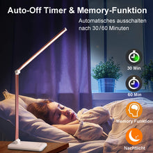 Lade das Bild in den Galerie-Viewer, LED Schreibtischlampe mit Ladefunktion und Auto-Off-Timer, 5 Farben 5 Helligkeitsstufen Dimmbar, Tischlampe Tischleuchte mit USB-Ladeanschluss, Desk Lamp
